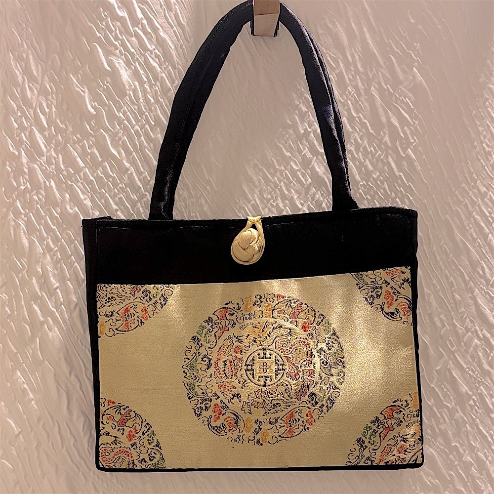 Black + Gold Asian Brocade Structured square Tote Bag purse